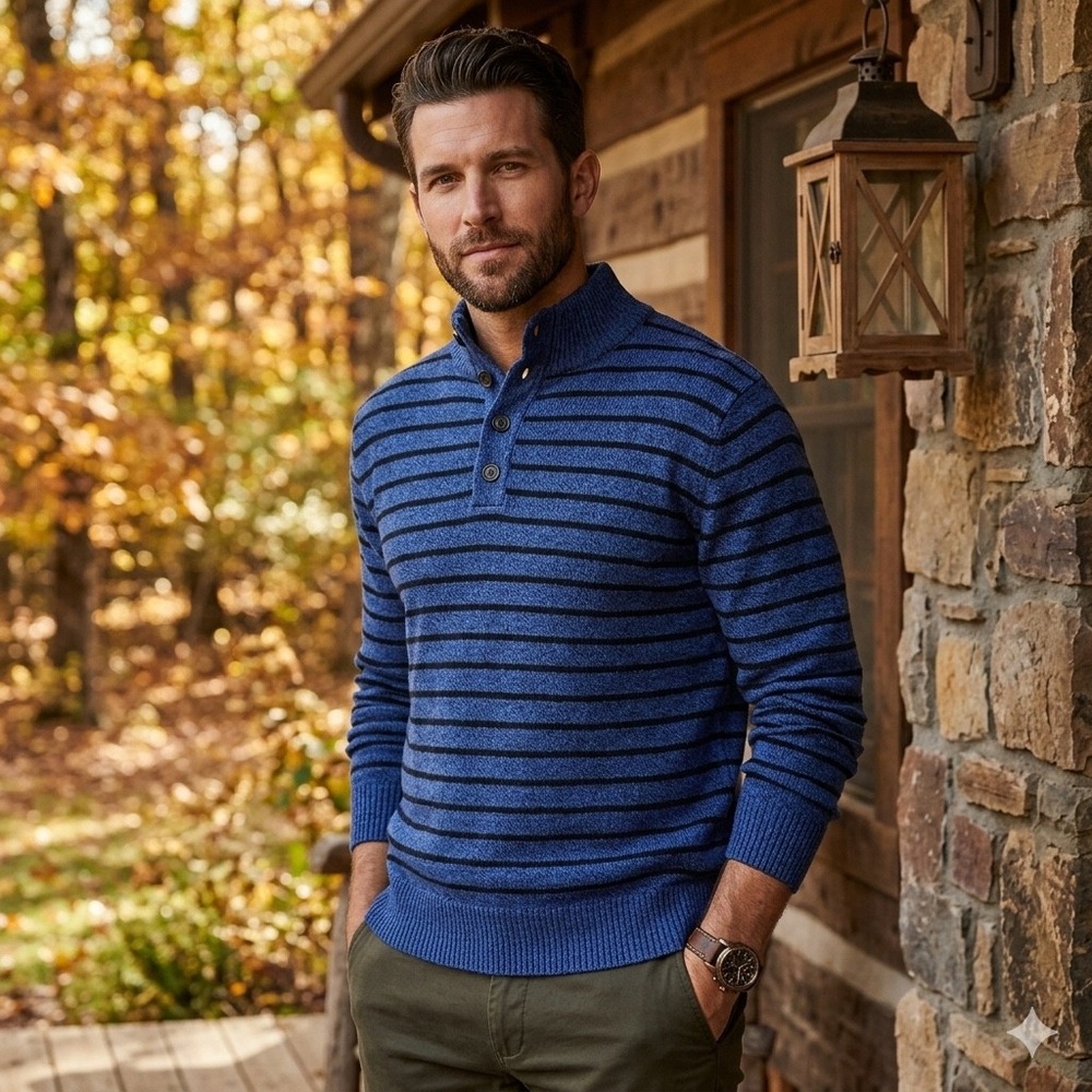 American Eagle Mens Blue Striped Button Mock Neck Cotton Sweater Large NEW